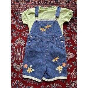 Young Hearts Dragon Fly Flowers Overall Shorts Set Shirt Girls Size 6X 90s Y2K
